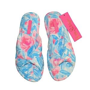 Lilly Pulitzer Bondi Blue My Little Peony Floral Terry Cloth Slippers Size 7-8